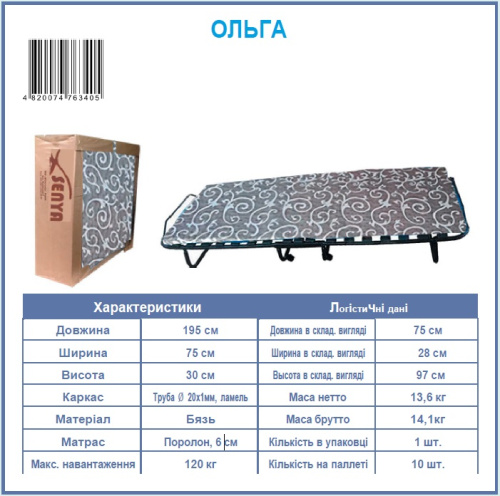 Розкладачка Senya Ольга (30*75*195 см., навантаження до 120 кг., матрац 6 см. поролон, ламелы 15 шт., ортопедична) фото 3