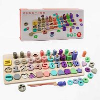 Логічна дерев’яна дошка С 74621 магнітна риболовля, сортер, дерев'яні кілочки, кольорові кільця, цифри, фігури, в коробці