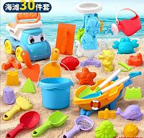 Пісочний набір W 218-47 розмір тачки - 27х13х11 см, розмір самоскида - 16.5х11х13 см, висота відра - 9 см, граблі, лопатки, сито, лійка, млин,