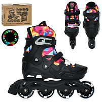 Ролики дитячі Profi Roller A4157-M-B (розсувні, розмір 35-38, колеса: 4 шт в один ряд/Ø70 мм/PU, гальмо: задніє, підсвітка, чорний)