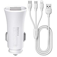 Картинка  Автомобильное ЗУ Remax Rocket 2хUSB 2.4A (кабель 3в1 Lightning/microUSB/Type-C) white (RCC-217-WHITE) магазин cd-market