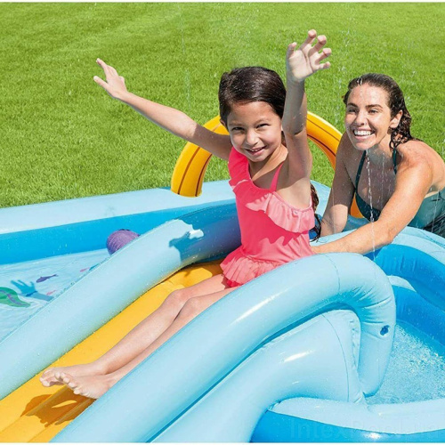 Дитячий надувний ігровий центр Intex 57161 «Пригоди в джунглях» (84*216*257 см, гірка, басейн 493 л, фонтан, кільця, м'ячики, ненадувне дно, до 80 кг) фото 2