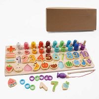 Логічна дерев’яна дошка С 74472 гра з кілочками, назви англ. мовою, магнітна риболовля, вкладиші, цифри, овочі, фрукти, кольорові кільця, сортер,