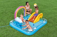 Дитячий надувний ігровий центр BestWay 53174 «Веселка» (89*150*188 см, басейн 189 л, гірка, м'ячики, фонтан, ненадувне дно, до 45 кг)