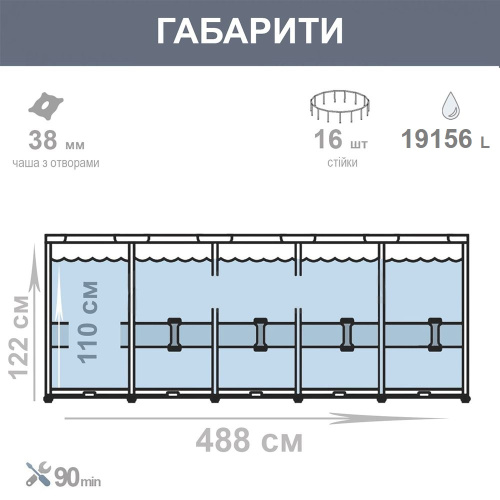 Каркасний басейн Intex 26326 NP (122*488 см., об'єм: 19156 л., пісочний фільтр-насос 5700 л/год, драбина, тент, підстилка, ПОШКОДЖЕНЕ ПАКУВАННЯ) фото 9