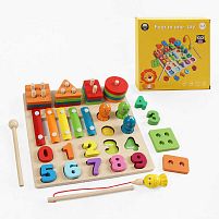 Логічна дерев’яна дошка F 43614 магнітна риболовля, кілочки, сортер за кольорами та формами, цифри, ксилофон, назви англ. мовою, в коробці