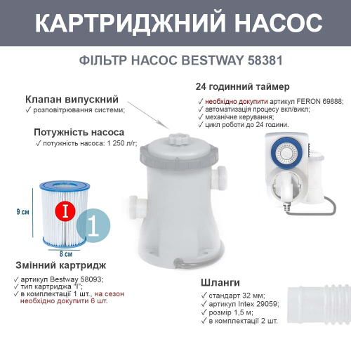 Каркасний басейн Bestway 12965 (42*159*228 см., об'єм: 1270 л., картриджний фільтр-насос 1250 л/год, серія: Steel Pro) фото 3