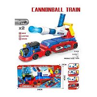 Потяг JP 588-34 A звуки, підсвічування, 2 металопластикові машинки, механічна ракетниця з м’якими кульками, м’які кульки, на батарейках, в коробц