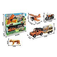 Набір техніки MY 3606-1 звуки, підсвічування, інерційний механізм, мотоцикл, джип, літак, причіп, розбирається, викрутка, фігурка тваринки, в кор