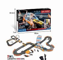 Трек A 65-3 A підсвічування, механічне табло, міст, довжина треку 550 см, 2 машинки, 2 джойстики, від батарейок/мережі, масштаб 1:64, в коробці