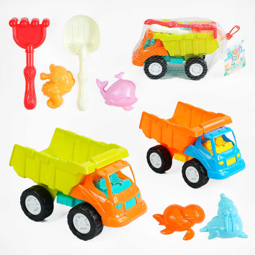 Пісочний набір KZ 6434 2 види, 7 елементів, самоскид, граблі, лопатка, формочки, у сітці