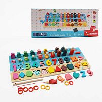 Логічна дерев’яна дошка С 74528 магнітна риболовля, гра з кілочками, кольорові кільця, вкладиші, цифри, фігурки, в коробці
