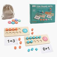 Математична дошка C 74261 дерев’яна, 2 основи, цифри, арифметичні знаки, картки з прикладами, дерев’яні циліндри, мішечок, в коробці