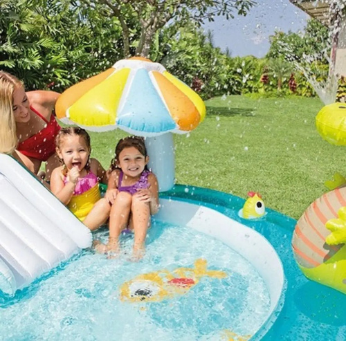 Дитячий надувний ігровий центр Intex 57165 NP «Алігатор» (84*170*201 см, басейн 160 л, гірка, качка, відерце, фонтан, ненадувне дно, до 54 кг) фото 4