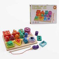 Логічна дерев’яна дошка C 74312 геометричний сортер, кілочки, магнітна риболовля, в коробці