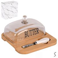 Маслянка бамбук з ножем та скляною кришкою 18*18*9см Stenson R34370