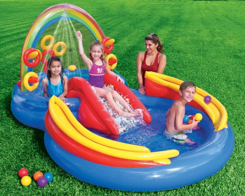 Дитячий надувний ігровий центр Intex 57453 «Веселка» (135*193*297 см, водна гірка, два басейна 175+206 л, кільця, фонтан, ненадувне дно, до 80 кг) фото 2