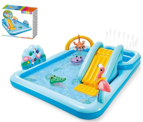 Дитячий надувний ігровий центр Intex 57161 «Пригоди в джунглях» (84*216*257 см, гірка, басейн 493 л, фонтан, кільця, м'ячики, ненадувне дно, до 80 кг) фото 9