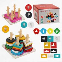 Логічна гра C 58259 дерев’яна, пірамідка, геометричні фігури, шестерні, в коробці