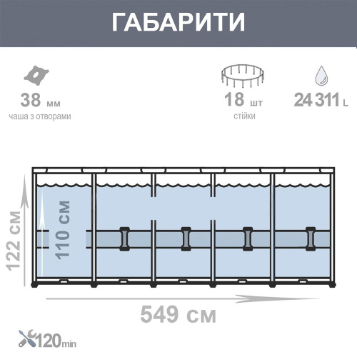 Каркасний басейн Intex 26732 (122*549 см., об'єм: 24311 л., картриджний фільтр-насос 5678 л/год, драбина, підстилка, тент, серія: Prism Frame) фото 8