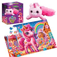 Пазли "Рожевий єдиноріг" DT200-10 260 деталей "Vladi Toys", розмір пазла: 320*470 мм, м'яка іграшка, постер, у коробці