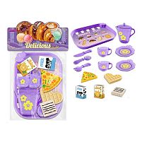 Набір продуктів 99002 таця, 2 чашки, 2 блюдця, чайничок, ніж, ложка, вилка, шматок піци, вафля, коробочки з молоком і соком, в пакеті