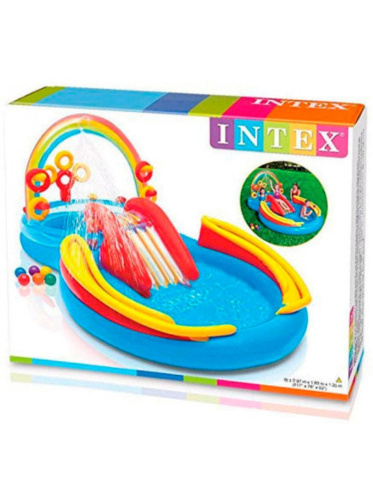 Дитячий надувний ігровий центр Intex 57453 «Веселка» (135*193*297 см, водна гірка, два басейна 175+206 л, кільця, фонтан, ненадувне дно, до 80 кг) фото 7