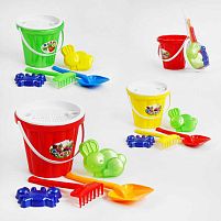 Пісочний набір вел. "Відро №2" 011/1 "BAMSIC" 1набір=1відро+2пасочки+1граблі+1лопатка+1сито