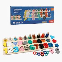 Логічна дерев’яна дошка C 74279 кілочки, цифри, кільця, форми, сортер, в коробці