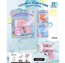 Пістолет з мильними бульбашками 10167 3 кольори, на батарейках, автоматичний режим роботи, 23 отвори, мильний розчин, мисочка, на листі, ВИДА