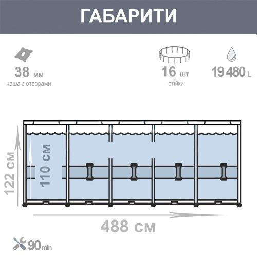 Каркасний басейн Bestway 56725 (122*488 см., об'єм: 19480 л., картриджний фільтр-насос: 5678 л/год, дозатор хлору, дробина, тент, серія: Power Steel) фото 8