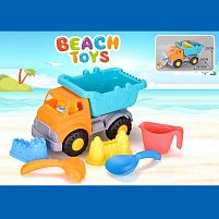 Пісочний набір JX 6857 розмір самоскида - 28.5х16х20 см, лопатка, граблі, лійка, 2 формочки, в сітці