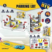 Трек 939-304 парковка, 50 елементів, механічний підйомник, катапульта, 6 металопластикових машин, в коробці