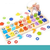 Логічна дерев’яна дошка С 74624 сортер, дерев'яні кілочки, кольорові кільця, цифри, фігури, в коробці