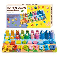 Дошка логічна 32521 "WToys", дерев'яна, сортер, магнітна риболовля, назви цифр англійською, дерев'яні кілочки, геометричні фігури, кольорові кіль