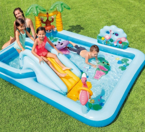 Дитячий надувний ігровий центр Intex 57161 «Пригоди в джунглях» (84*216*257 см, гірка, басейн 493 л, фонтан, кільця, м'ячики, ненадувне дно, до 80 кг)