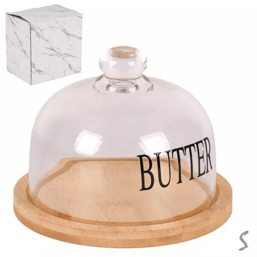 Маслянка бамбук зі скляною кришкою 12*15см Stenson R34368